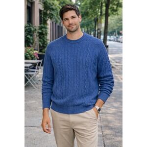 Lands End Sweater Fishermen Blue Cable Knit  Crew Neck Men's XL Wool Blend